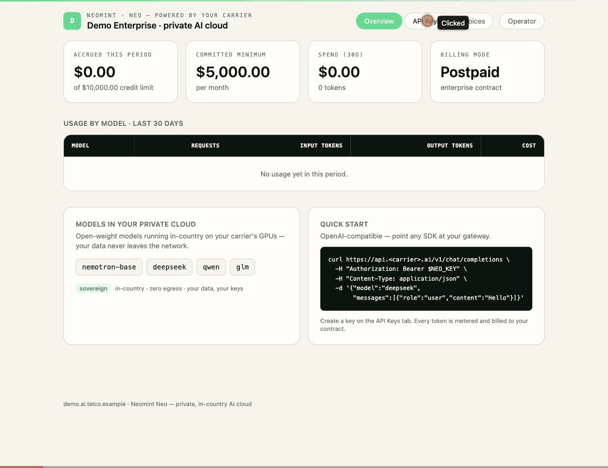 Neomint portal walkthrough — Neo enterprise portal, operator console, and Mint consumer app